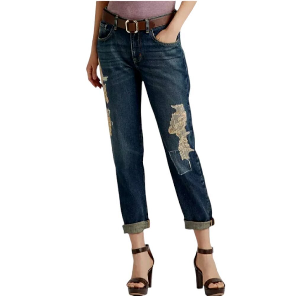 Lauren Ralph Lauren Women's Lace Patchwork Relaxed Tapered Blue Jeans Plus 14